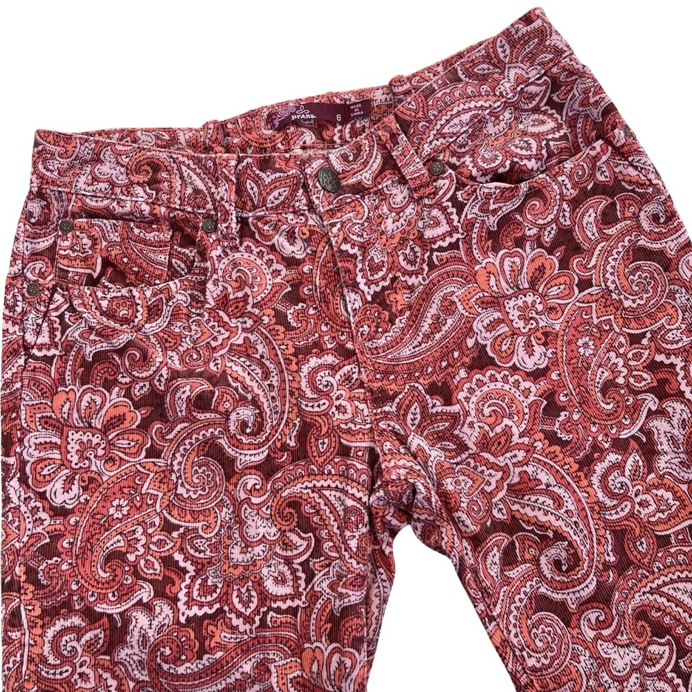 Prana Corduroy Pants Size 6 Maroon Paisley Straight Leg Boho Psychedelic Funky - Picture 3 of 11